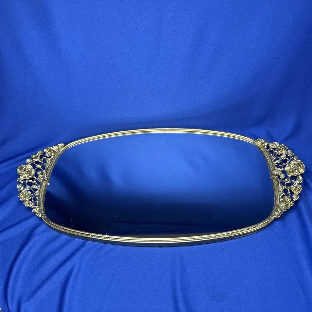 VTG Ornate Gold Gilt Mirror Vanity Tray  Hollywood Regency Rose 16x8 Rectangle
